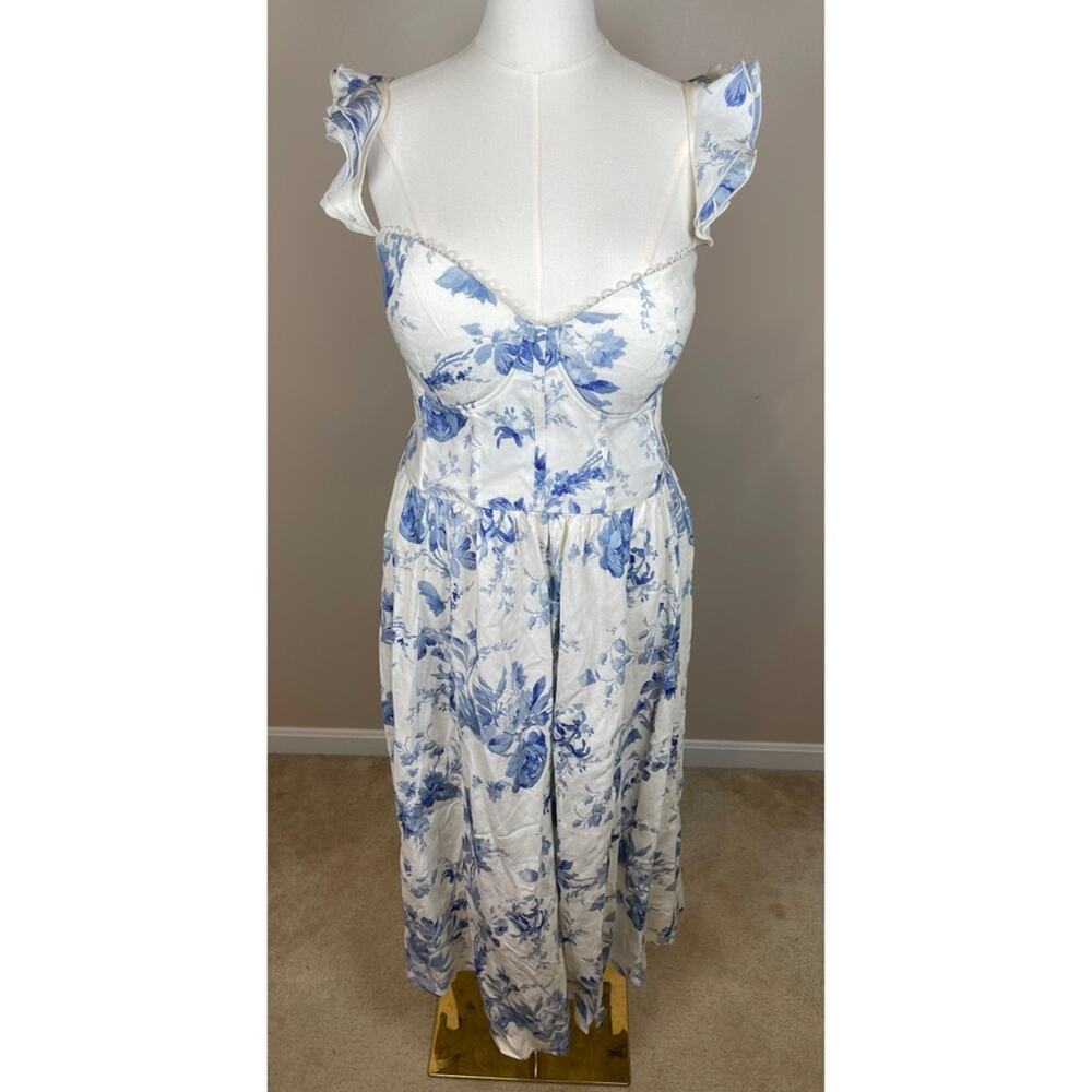 V. CHAPMAN Vera Ruffle Strap Corset Provencal Blue Floral Midi Dress Size 16 - Picture 4 of 12
